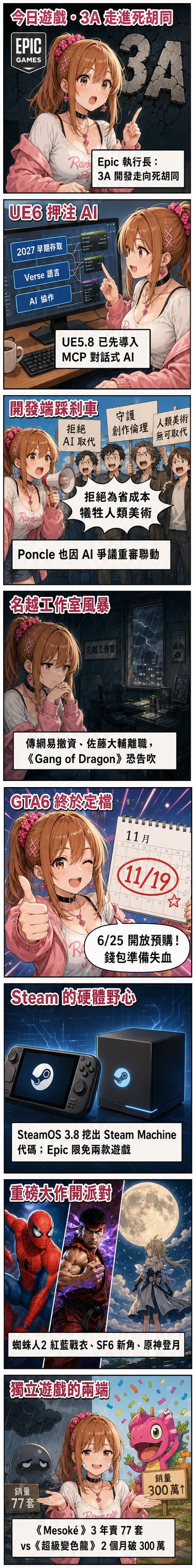 星野 夏希八格速報：Epic 喊 3A 死胡同、UE6 押注 AI，GTA6 定檔 11/19，獨立遊戲冰火兩端