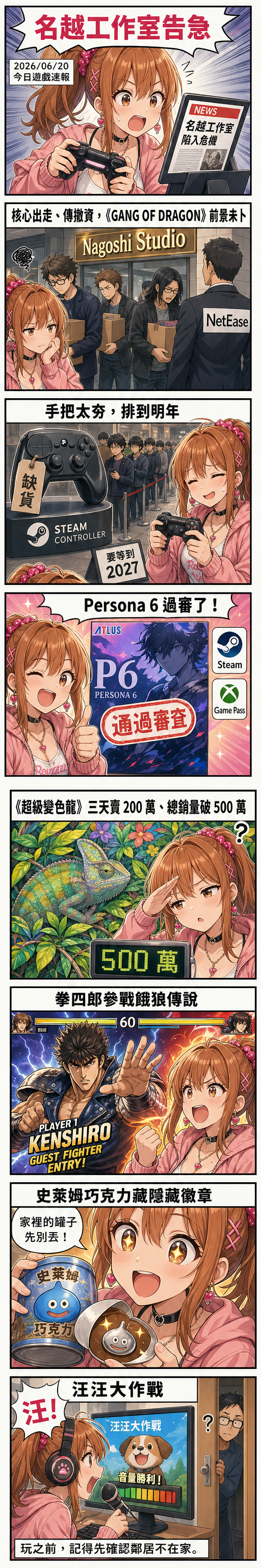 星野夏希八格速報：名越工作室告急、Steam Controller 排到 2027、Persona 6 過審、超級變色龍破 500 萬、拳四郎參戰、史萊姆巧克力藏徽章、汪汪大作戰