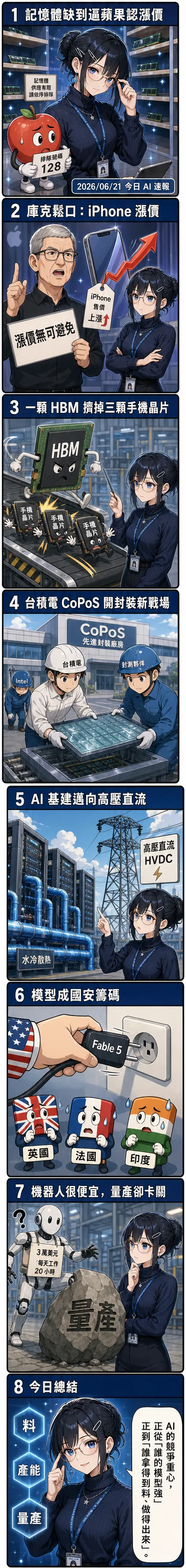 水無瀨澪八格速報：記憶體缺到逼蘋果漲價、一顆 HBM 擠掉三顆手機晶片、台積 CoPoS 封裝新戰場、AI 基建高壓直流、模型成國安籌碼、人形機器人量產卡關
