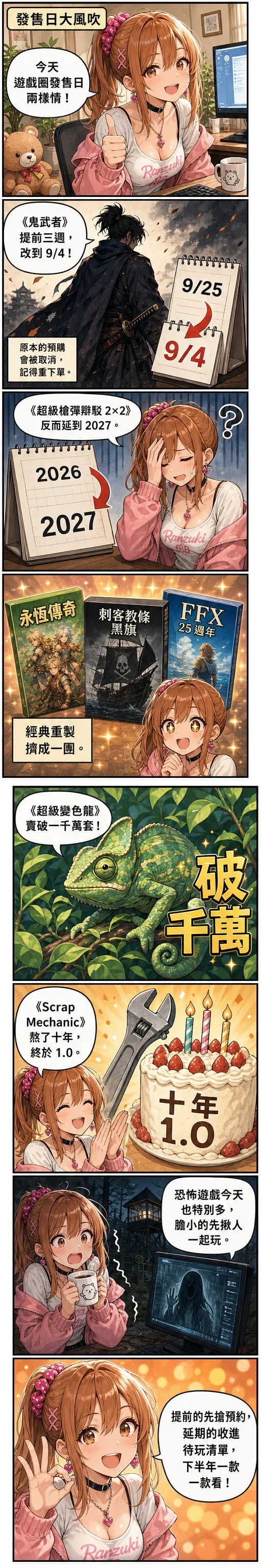 星野 夏希 用八格漫畫帶你看今天的遊戲圈：鬼武者提前到 9/4、槍彈辯駁延到 2027、永恆傳奇與刺客教條黑旗與 FFX 25 週年重製潮、超級變色龍破千萬套、Scrap Mechanic 十年 1.0
