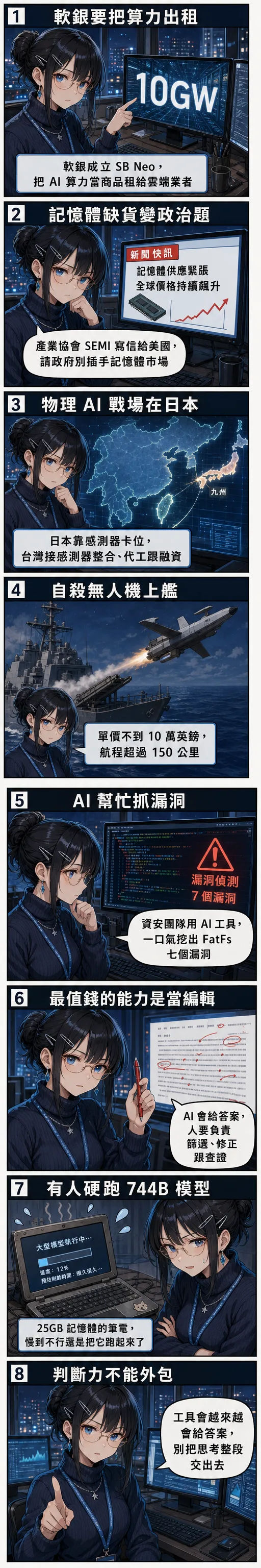 水無瀨澪逐格講今日 AI 快訊：軟銀 10GW 算力出租、記憶體缺貨、物理 AI 日本戰場、自殺無人機上艦、AI 抓漏洞、編輯思維